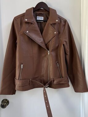 Old Navy Brown Faux Leather Moto Jacket with Waist Belt NWOT